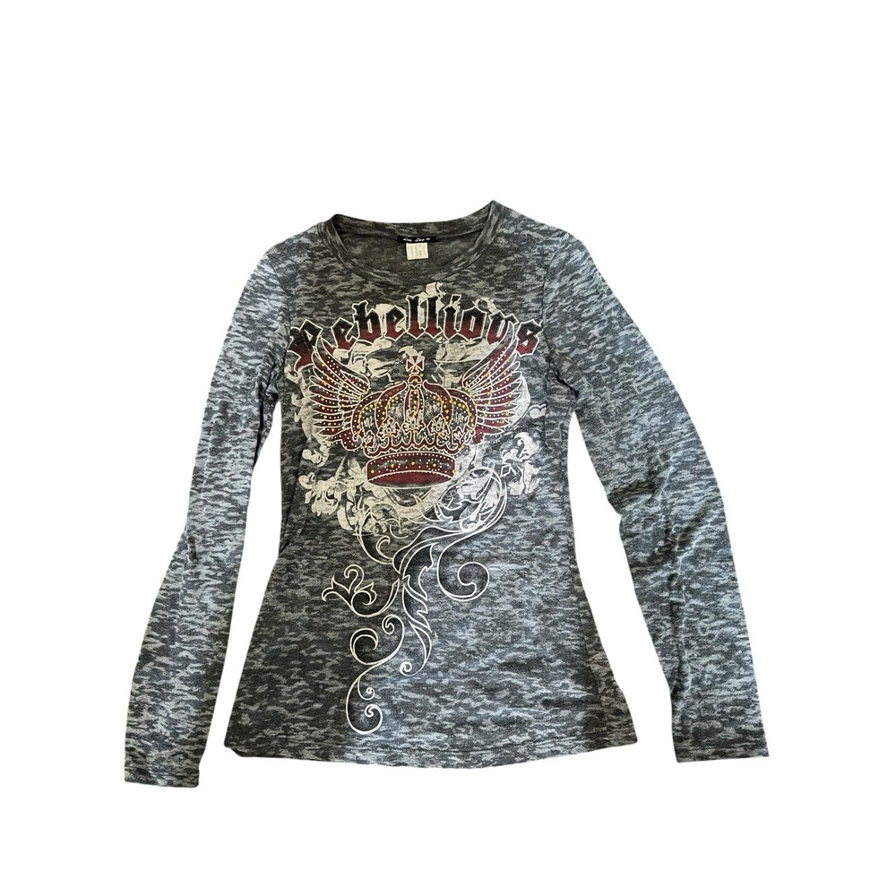 Y2K Women's S Long Sleeve Graphic Tee Angel Wings Cross Rhinestone Studs Grunge